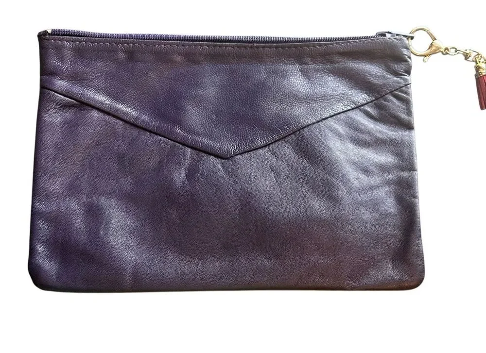Purple leather envelope clutch with pink tassel zipper